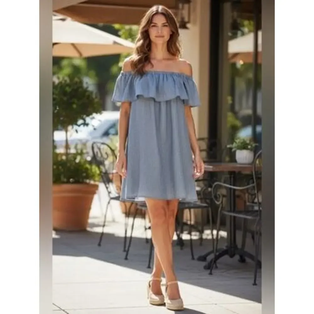 Ann Mashburn Off-The-Shoulder Ruffle Linen Blend Dress Chambray Medium